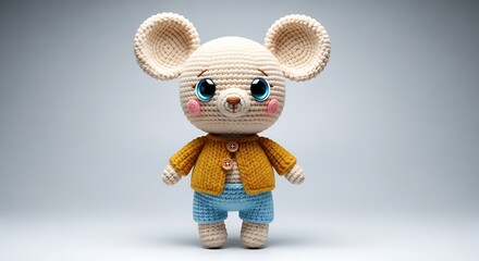 Cute crocheted mouse toy wearing a yellow cardigan and blue shorts stuffed animal amigurumi