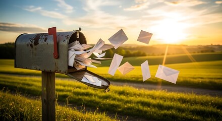 Mailbox Overflowing with Envelopes in a Golden Sunset Field letters flying