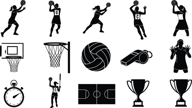 Netball game elements silhouettes including players ball court and trophies netball, sport, silhouette, player, woman, girl, ball, court, hoop, net, whistle, stopwatch, trophy, award, competition, gam