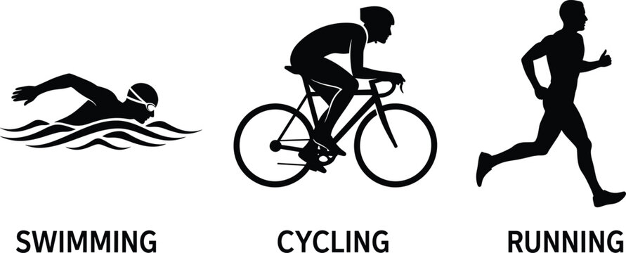 Silhouette icons of swimming cycling and running triathlon swimming, cycling, running, triathlon, sport, athlete, silhouette, black and white, icon, graphic, illustration, vector, water, waves, bicycl