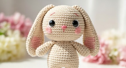 Close-up of a Cute Crochet Bunny Toy with Big Black Eyes and Pink Cheeks rabbit stuffed animal
