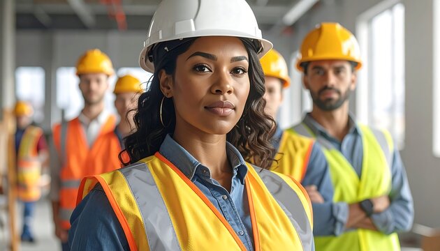 Construction team with diverse members in hard hats and vests at a building site looks forward determinedly