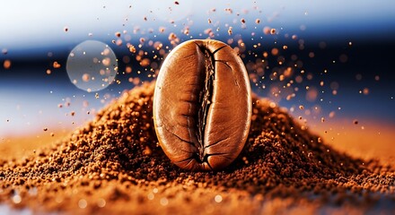 Macro shot of a single roasted coffee bean on a pile of coffee grounds with particles exploding close-up