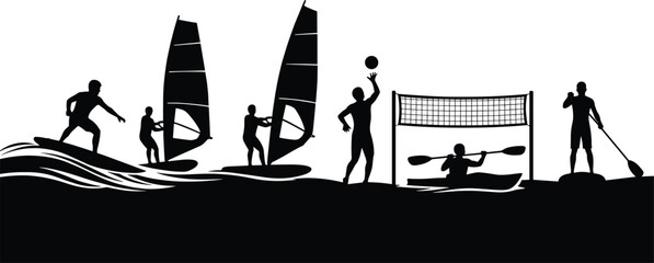 Silhouettes of people engaged in water sports and beach volleyball silhouette, water sports, beach volleyball, surfing, windsurfing, kayaking, stand up paddleboarding, paddle, surfboard, windsurf sail
