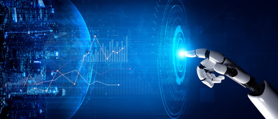 A stylized robotic hand points toward a glowing digital interface, symbolizing the intersection of technology, data analysis, and urban innovation. Scalp