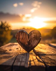 Wooden heart silhouette on a weathered table, sunset glow