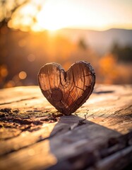 Heart-shaped wooden carving on a weathered wooden surface, bathed in warm sunlight