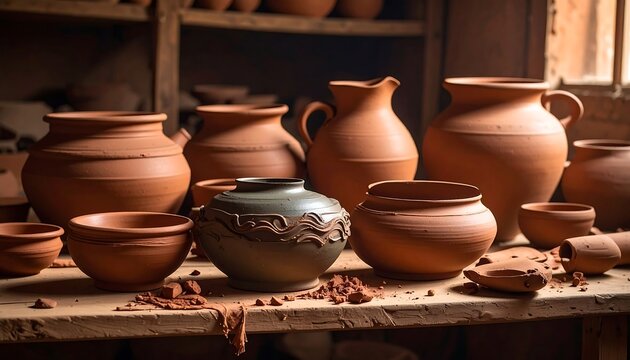 Clay pottery of varying shapes and sizes on a wooden surface in a rustic, warmly lit setting