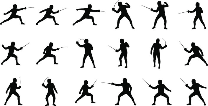 Silhouettes of fencers in various poses with swords fencing, fencer, sword, sport, athlete, action, silhouette, black and white, competition, duel, combat, movement, pose, stance, attack, defense, par
