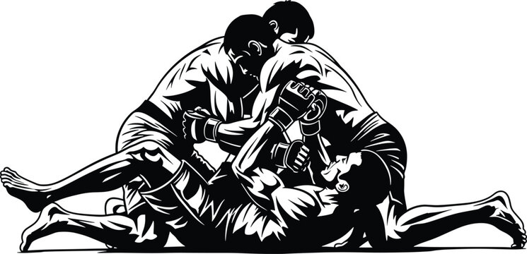 Three men grappling in a fight scene wrestling martial arts fight, grappling, wrestling, martial arts, mma, combat, sport, competition, struggle, submission, hold, clinch, athletes, men, black and whi