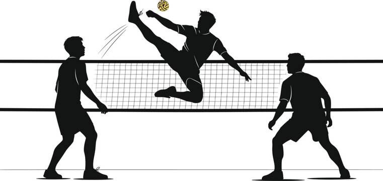 Three men playing sepak takraw over a net sepaktakraw, sepaktakraw, volleyball, sport, game, competition, athletes, men, players, action, kicking, jumping, net, ball, yellow ball, black silhouette, wh