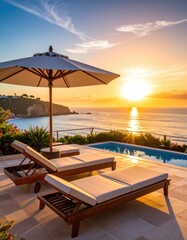 Luxury villa at sunset pool, ocean view, sunbeds, umbrella, serene