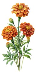 Detailed watercolor painting of vibrant orange and yellow marigold flowers and buds
