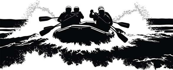 Obraz premium Two people in a raft paddling through rough water boat, raft, boat, water, wave, paddling, oar, oars, people, silhouette, black and white, adventure, extreme sport, whitewater rafting, river, rapids, 