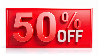 Bright red sign 50 percent OFF text, discount announcement, sale promotion, advertising campaign
