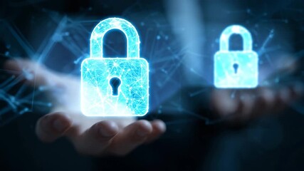 Digital security concept with glowing blue padlock icon held in hand over network - Powered by Adobe