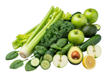 meticulously arranged fresh green vegetables and fruits: celery, kale, spinach, cucumbers, apples, avocado, lemon wedge on a transparent background with copy space, concept of healthy eating and