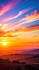 Breathtaking sunrise paints the sky with vibrant hues above rolling hills