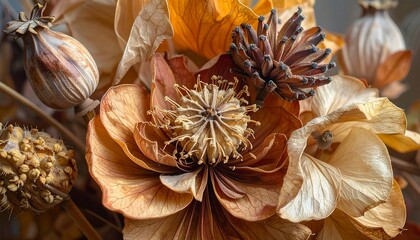Dried floral arrangement featuring various pods and blooms in warm, earthy hues with intricate, textured details