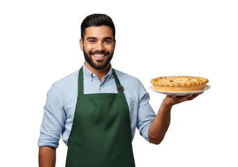 Smiling young man barista waiter chef holding a delicious pie dessert on a white plate transparent background