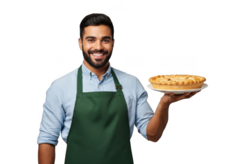 Smiling young man barista waiter chef holding a delicious pie dessert on a white plate transparent background