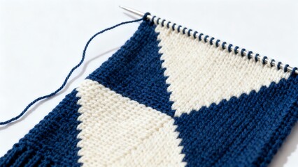 a knitting project in progress, displaying a geometric pattern of blue and white stripes. The knitting is stretched on a needle