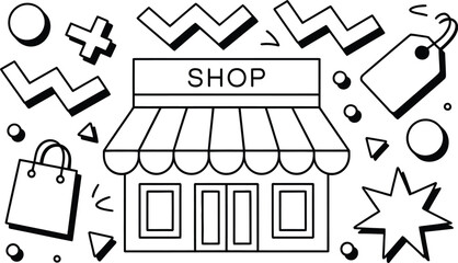 A charming storefront with playful abstract shapes and a shopping bag illustrates the concept of commerce.