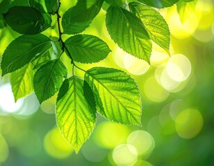 Close-up of lush green leaves with sunlit bokeh background