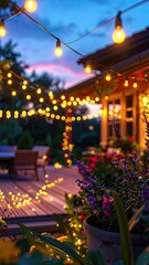 Outdoor patio scene, lit by string lights at dusk, with flowers