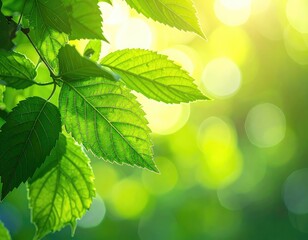 Green leaves with sunlight bokeh in background, springtime nature scene
