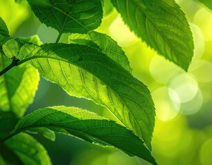Close-up of vibrant green leaves with sunlight and bokeh in the background