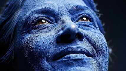 Extreme close up of a person's face fully covered in vibrant blue powder looking upward with a hopeful expression against a dark background