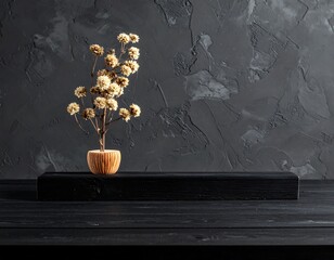 Dried floral in wood vase on black stand against textured gray backdrop