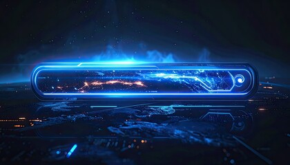 Futuristic blue UI element hovering above a surface with a starfield and city lights