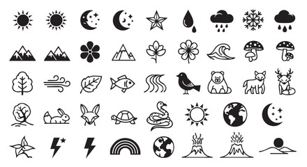 Nature and Weather Icon Set with Animals and Floral Elements