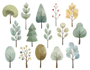 Obraz premium Set of watercolor trees. Cute fairy nordic trees. Wintertime and autumn nature. Hand drawn illustration.