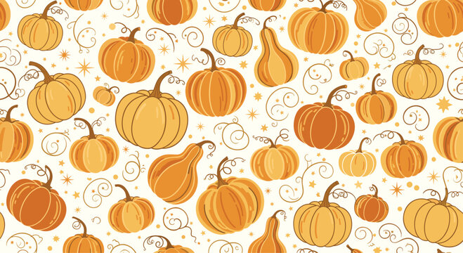 Autumnal seamless pattern with a variety of hand-drawn pumpkins and squashes on a cream background with stars and swirls.