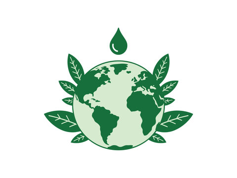 A green earth icon with leaves and a water droplet symbolizes environmental preservation and sustainability.