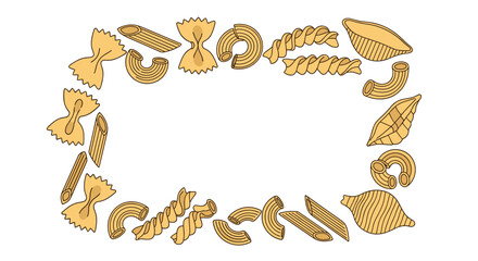 Fototapeta premium Rectangular frame made of various types of uncooked Italian pasta creating a fun food-themed border on white background.