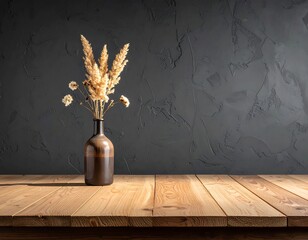 Dried flowers in a brown vase on a wooden table against a dark textured background in sunlight
