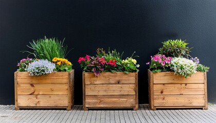 Three Wooden Planters With Various Flowers Against A Black Wall