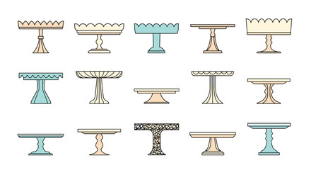 Set of various cake stand illustrations in a simple outline style with pastel colors perfect for bakery or party designs.