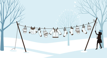 Winter scene of a person hanging laundry on a clothesline in a snowy landscape with bare trees and festive lights.
