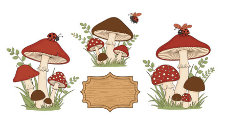 Set of cute forest mushroom illustrations with a blank wooden sign for text great for autumn or nature-themed projects.