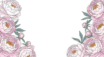 Elegant floral frame with beautiful hand-drawn pink peony flowers on opposite corners for a wedding invitation background.