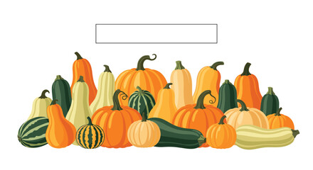 Autumn harvest composition with a variety of pumpkins and squashes piled together below a blank text box on white background.