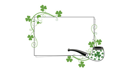 St Patrick's Day frame with a border of green shamrocks and a decorated smoking pipe on a clean white background.