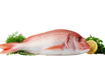 A pristine whole red snapper on a light wooden cutting board, garnished with fresh dill, lemon, and sea salt, clean background. Concept of gourmet fresh seafood