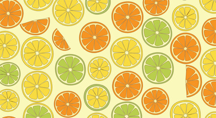 Seamless retro pattern with slices of citrus fruits like oranges lemons and limes on a pale yellow background.