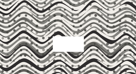 Monochrome abstract background with wavy lines and polka dots creating a dynamic modern pattern with a blank text box.